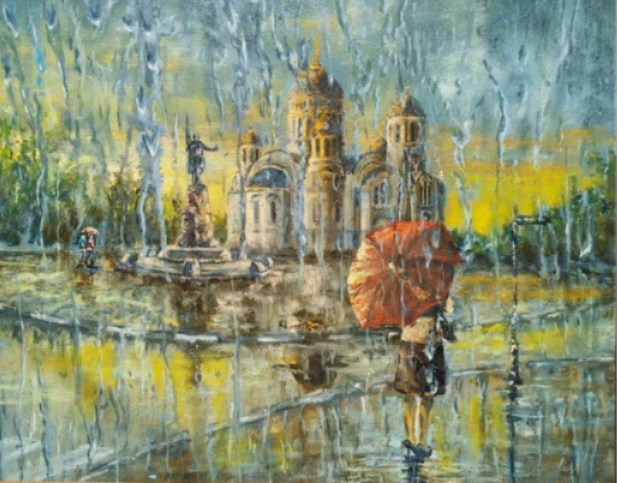 Дождь на Соборной площади雨中漫步 40X50cm 纸板油画 2017年.jpg